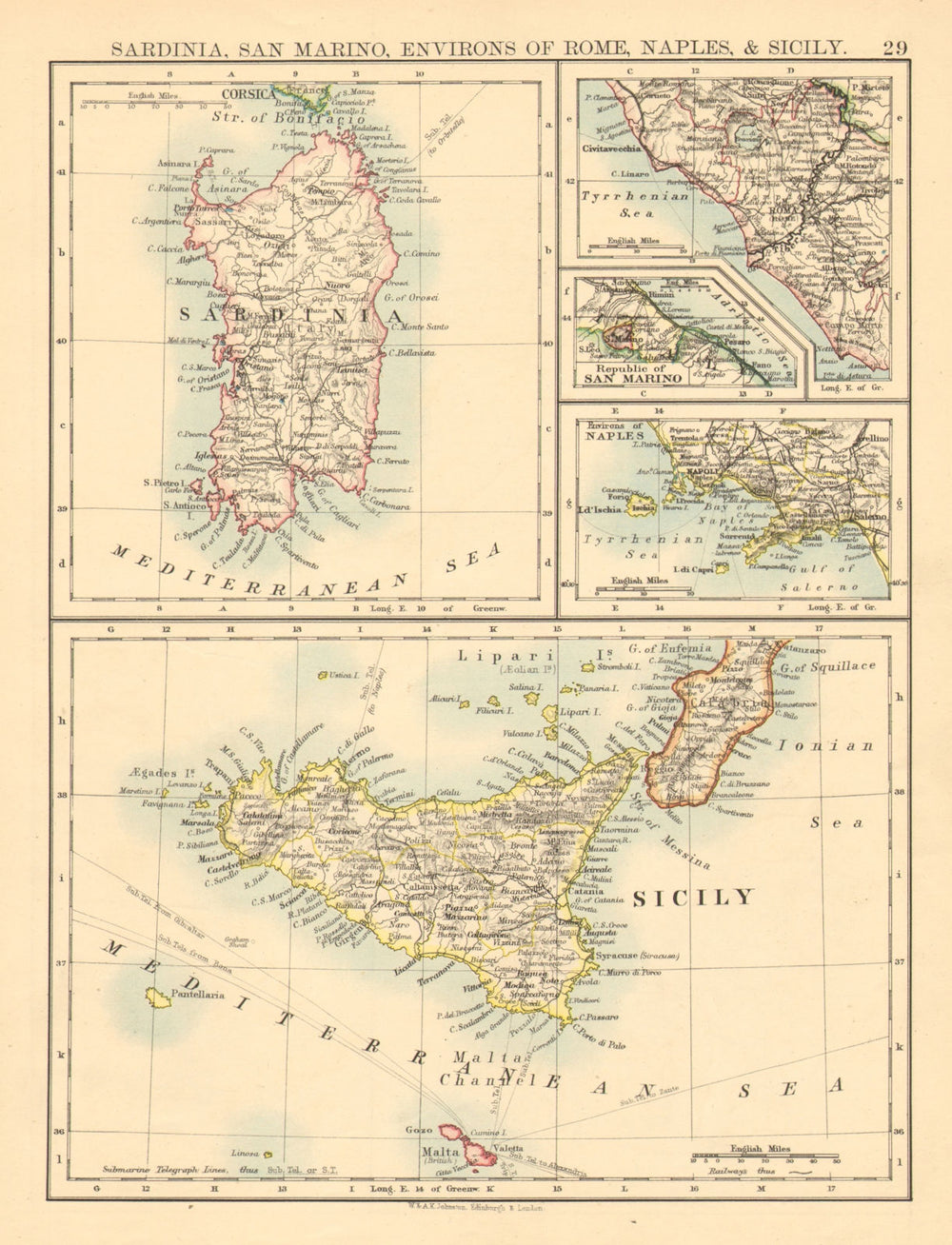 ITALIAN ISLANDS. Sardinia Sicily Ischia Capri Malta S Marino JOHNSTON 1897 map