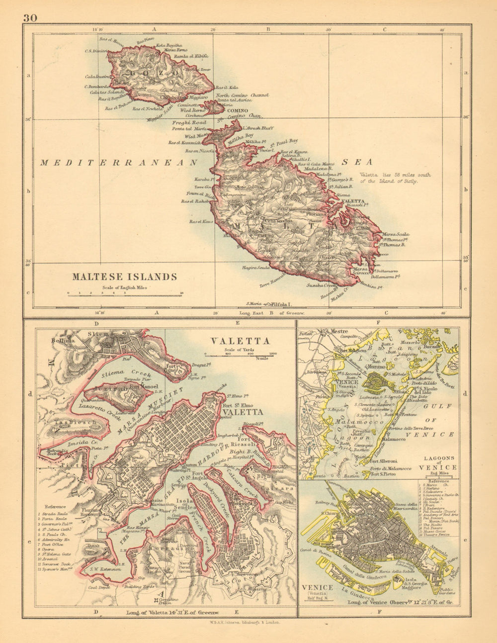 MALTESE ISLANDS. Malta Gozo. Valetta city town plan. +Venice.JOHNSTON 1897 map