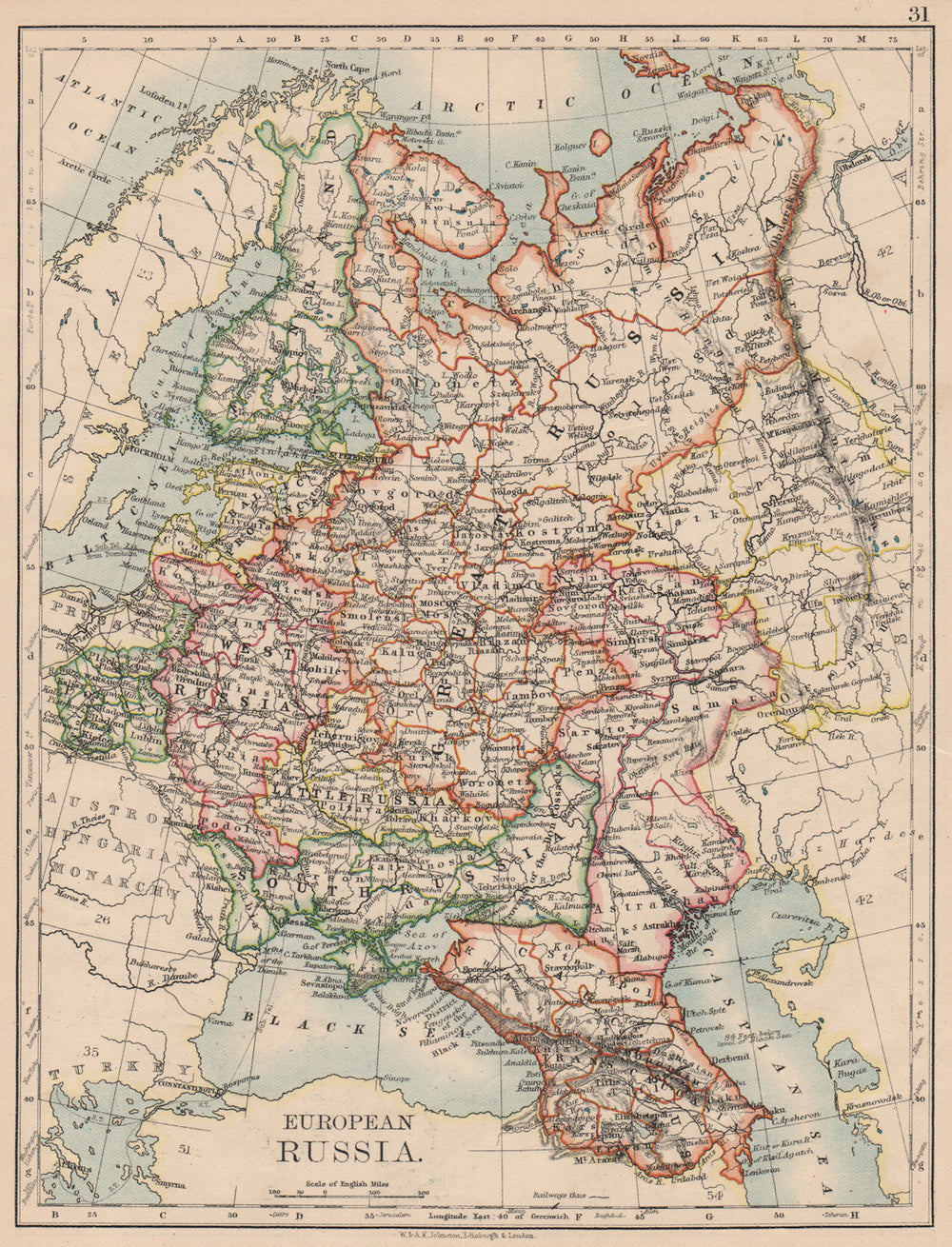 EUROPEAN RUSSIA. Shows Great/Little/West/South Russia.Poland.JOHNSTON 1897 map