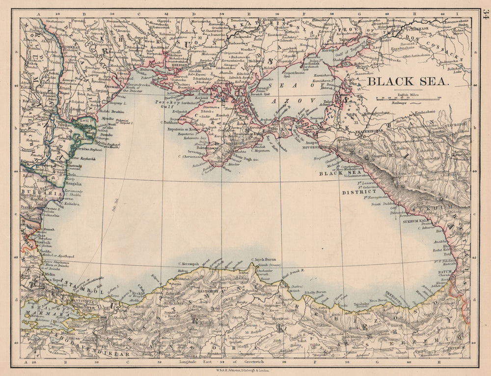 BLACK SEA. Russia Turkey Crimea Romania Bulgaria Kutais. JOHNSTON 1897 old map