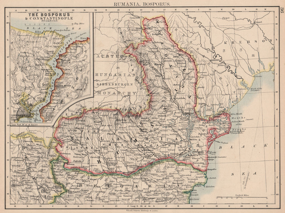 ROMANIA & BOSPHORUS. Wallachia Moldavia Constantinople JOHNSTON 1897 map