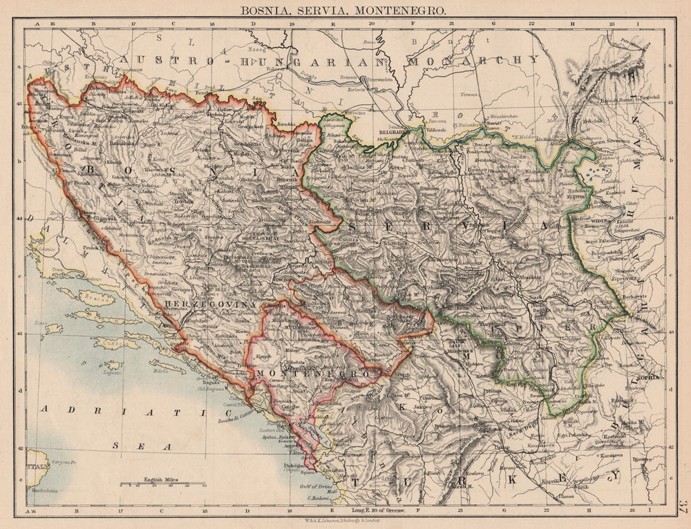 BOSNIA SERVIA MONTENEGRO. Balkans Serbia Croatia Herzegovina.JOHNSTON 1897 map