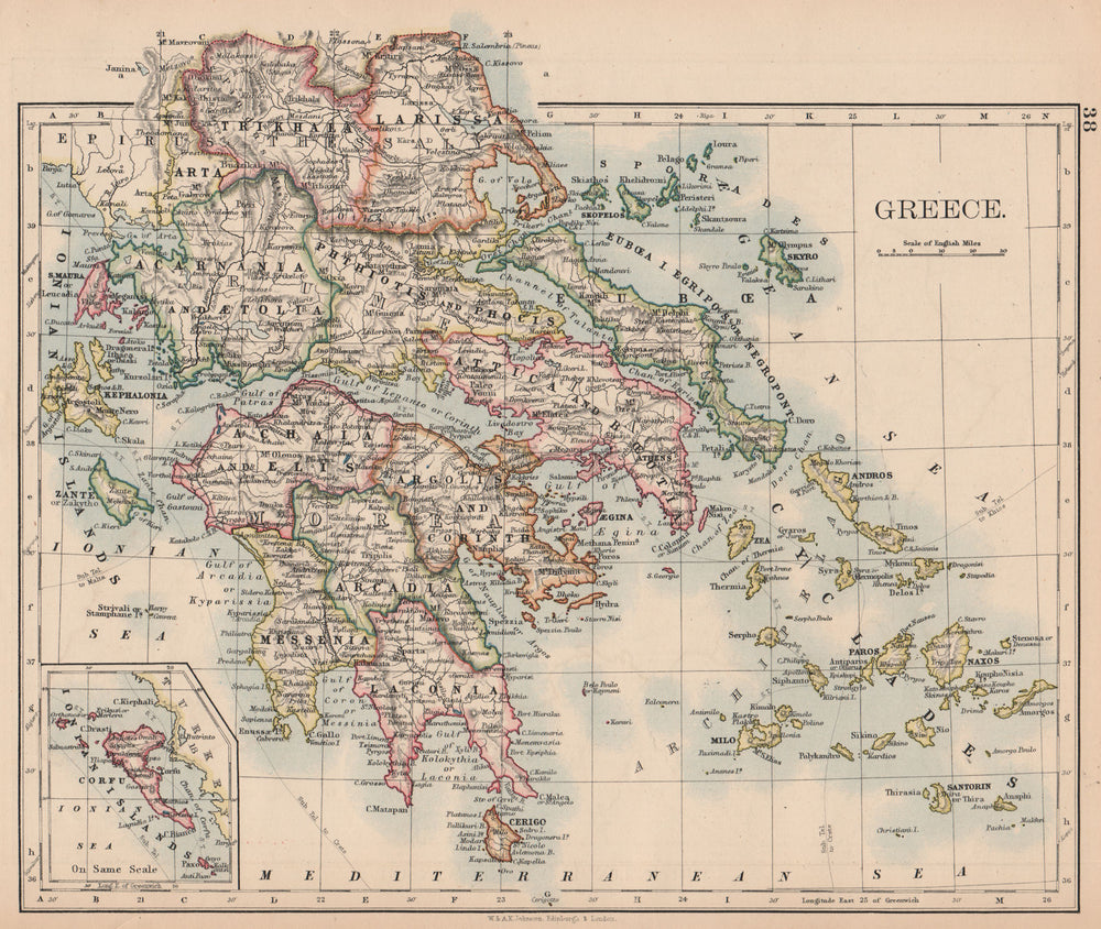 GREECE.Morea Thessaly Rumelia Cyclades Aegean Ionian Islands.JOHNSTON 1897 map