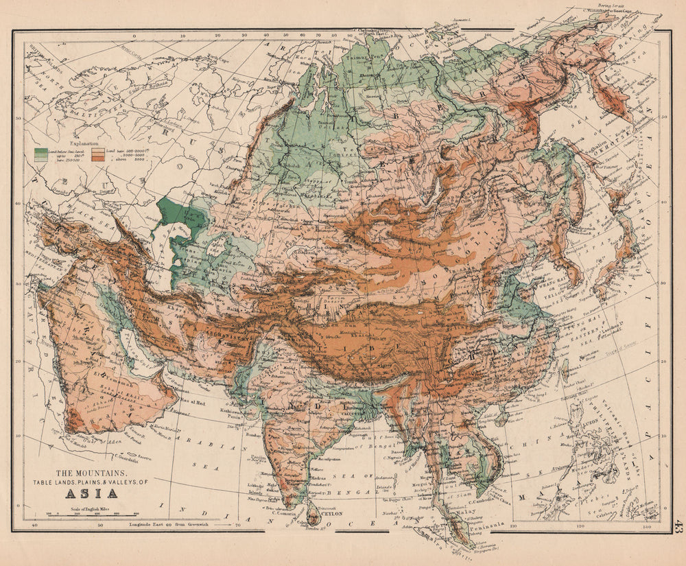 ASIA PHYSICAL. Relief Mountain heights Ocean depths Rivers. JOHNSTON 1897 map