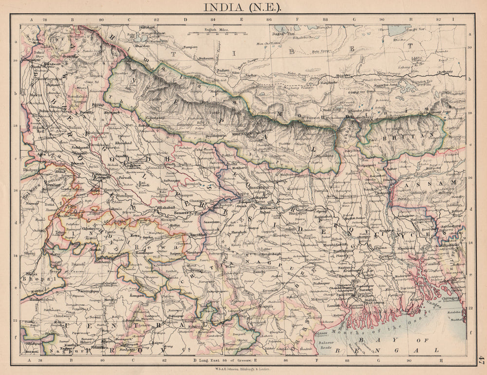 BRITISH INDIA NE. Bengal Nepal Bhutan Calcutta Bangladesh. JOHNSTON 1897 map