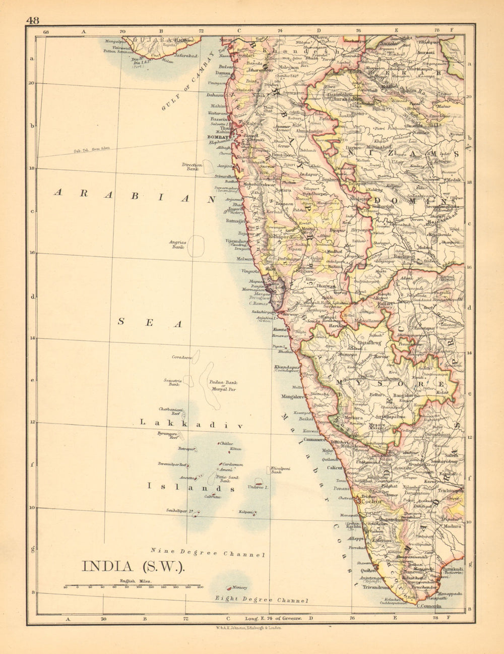 BRITISH INDIA SW.Bombay Mysore Malabar Coast Lakkadives. JOHNSTON 1897 old map
