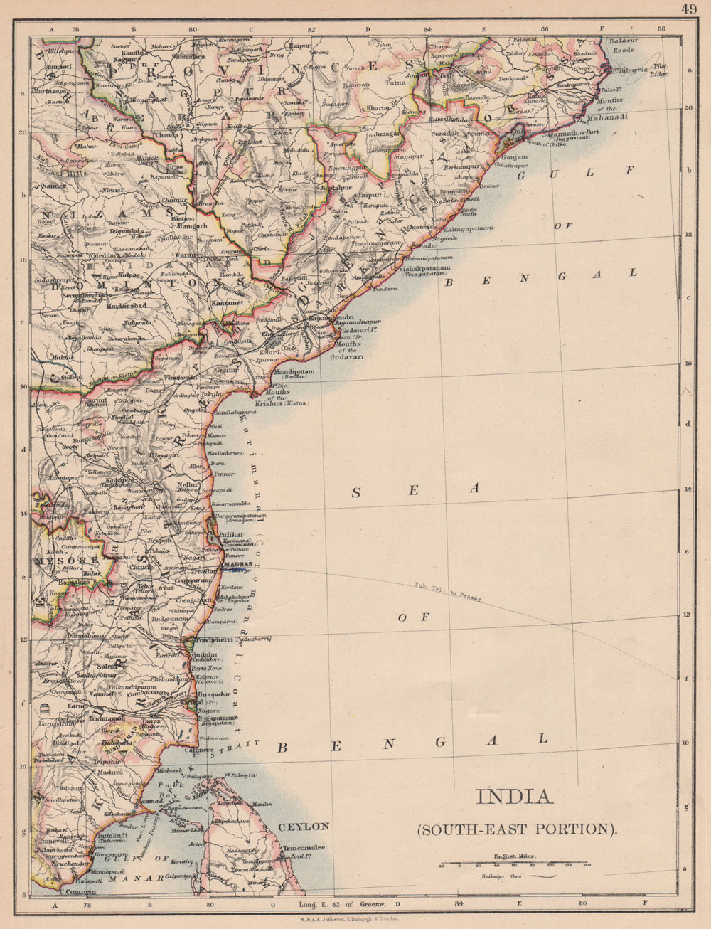 BRITISH INDIA SE.Madras Karnatak. French Karikal Pondicherry.JOHNSTON 1897 map