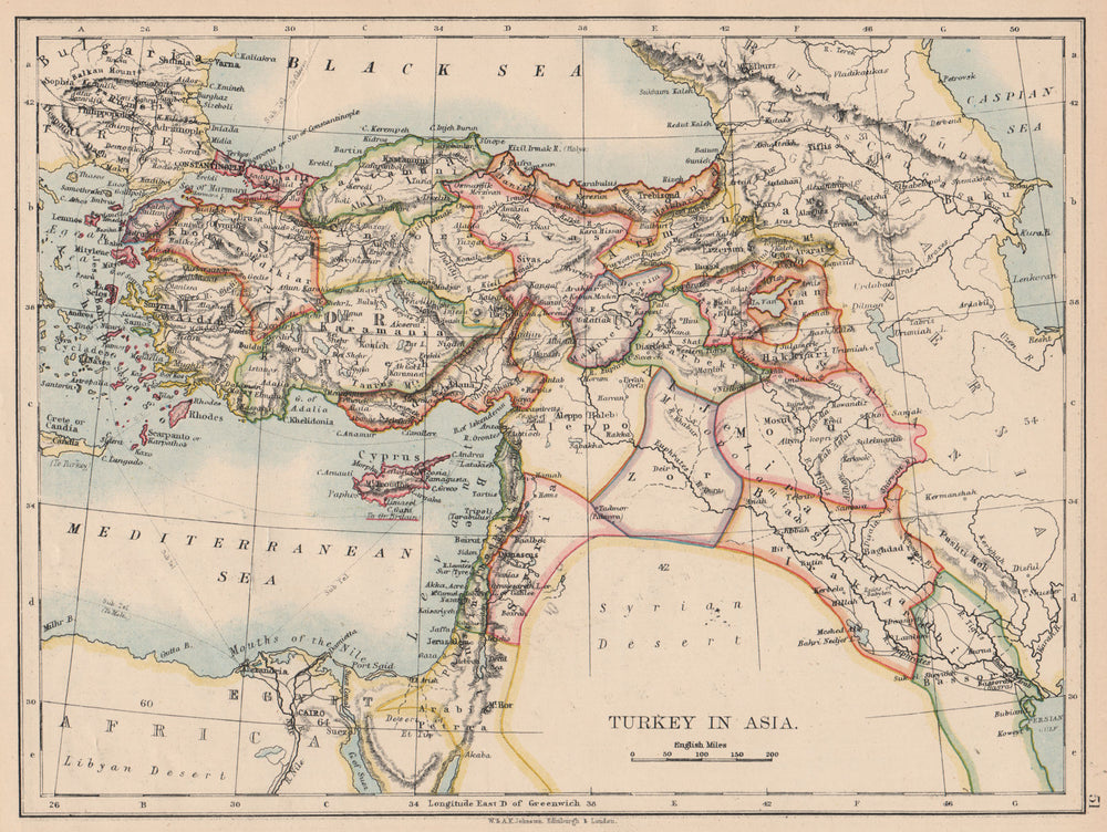 OTTOMAN TURKEY IN ASIA. Cyprus Levant Mesopotamia Palestine. JOHNSTON 1897 map