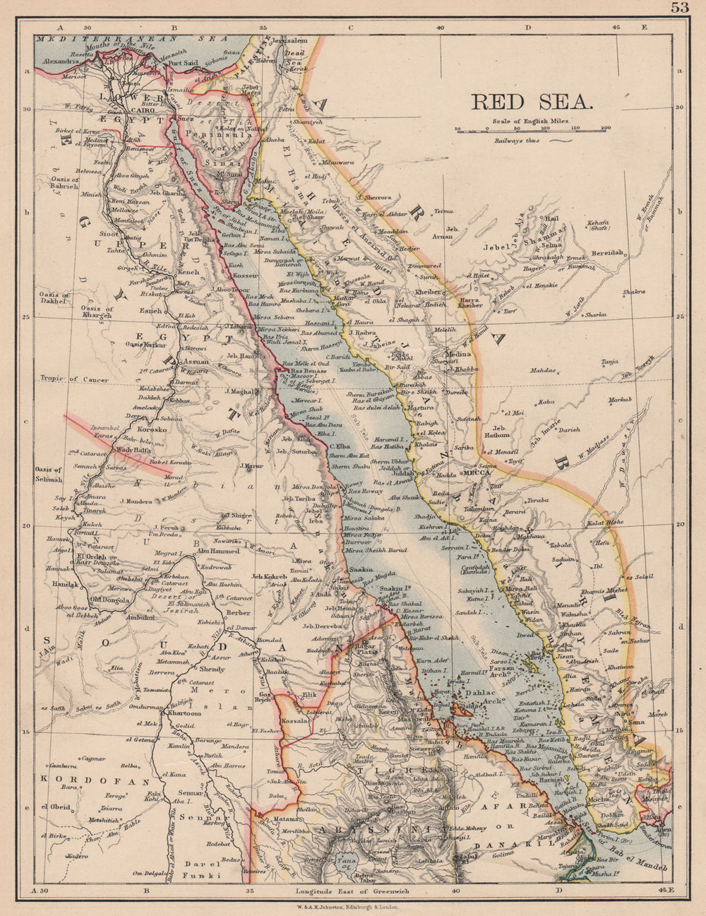 RED SEA. Egypt Eritrea Hedjaz Asir Yemen. Nile valley. Sinai.JOHNSTON 1897 map