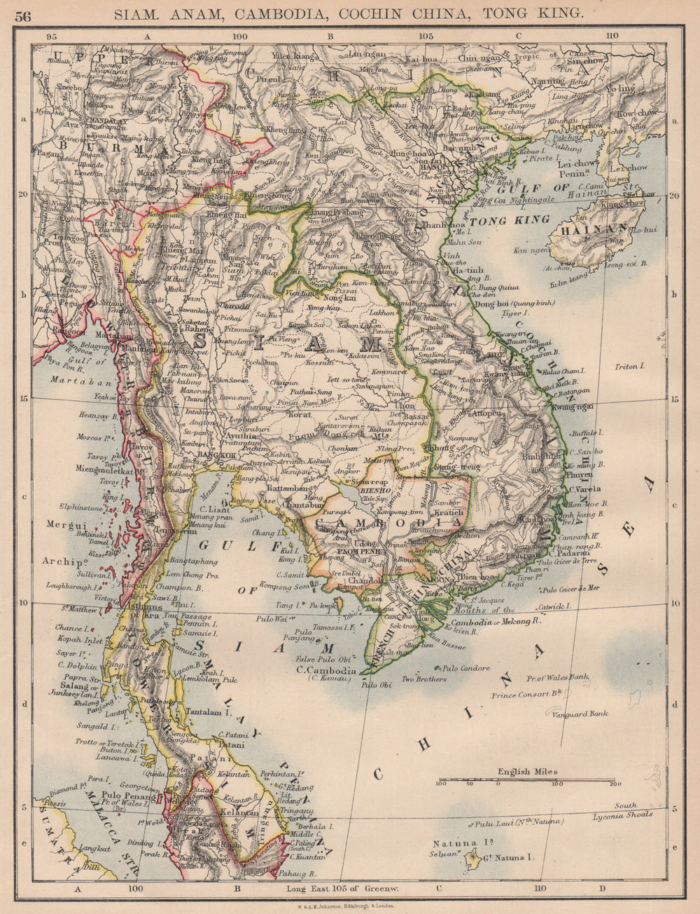 INDOCHINA.Siam Burma Cambodia Anam Tong King Cochin China. JOHNSTON 1897 map
