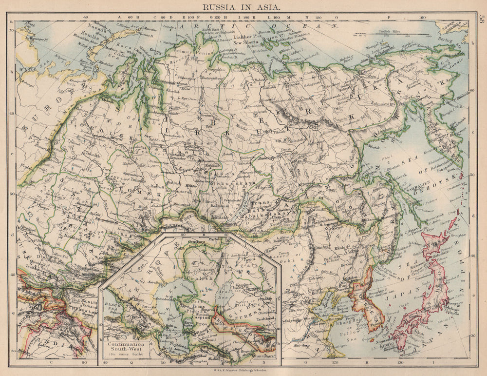 RUSSIA IN ASIA. Siberia. Central Asia. Caspian Sea Irkutsk. JOHNSTON  1897 map