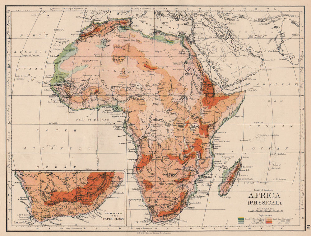 AFRICA PHYSICAL. Relief ocean depths rivers. JOHNSTON 1897 old antique map