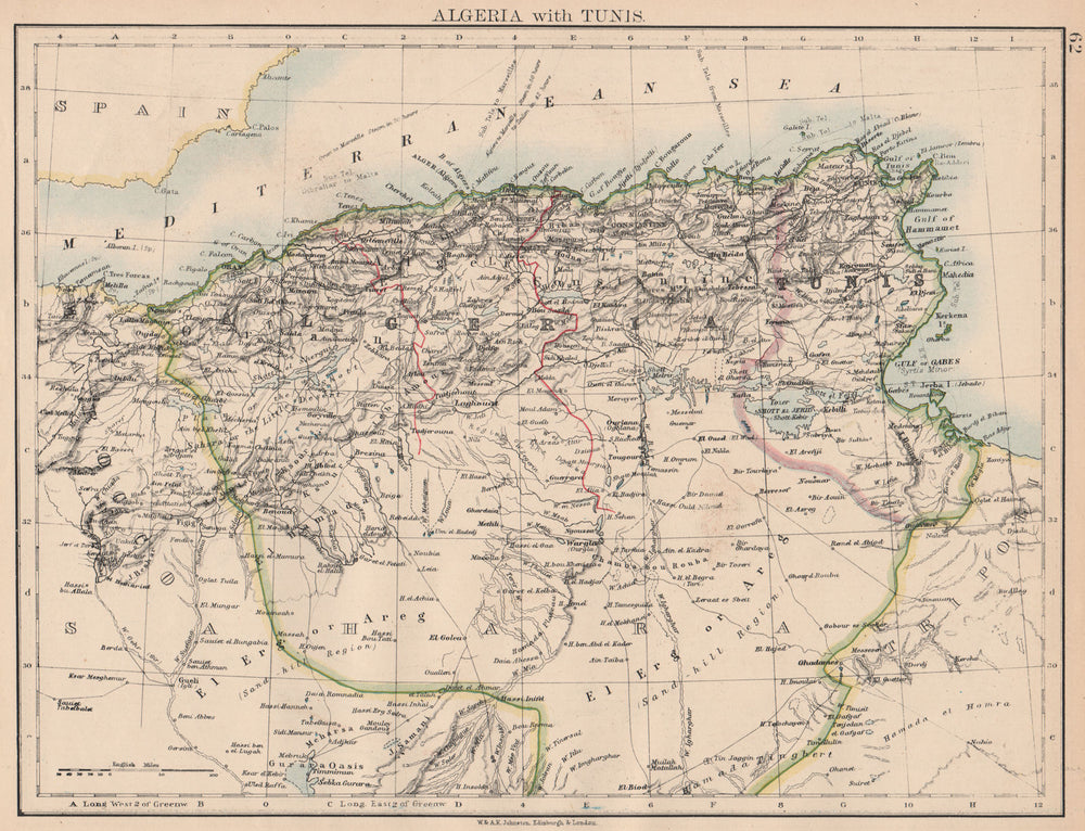 ALGERIA & TUNIS. Maghreb Tunisia. Provinces Telegraph cables.JOHNSTON 1897 map