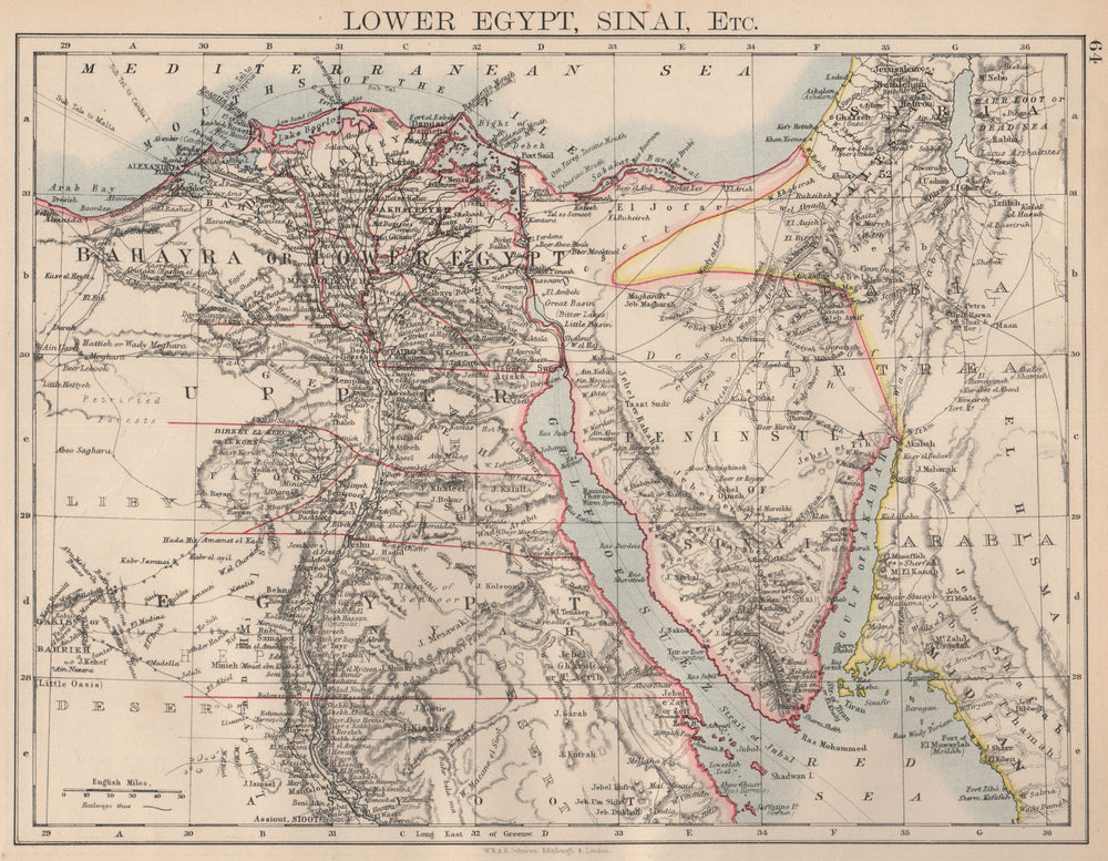 LOWER EGYPT & SINAI. Provinces. Nile valley/delta. Railways. JOHNSTON 1897 map