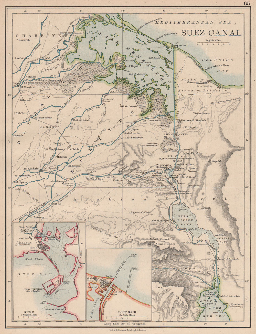 SUEZ CANAL. Plan of the canal. Plans of Suez & Port Said. JOHNSTON 1897 map