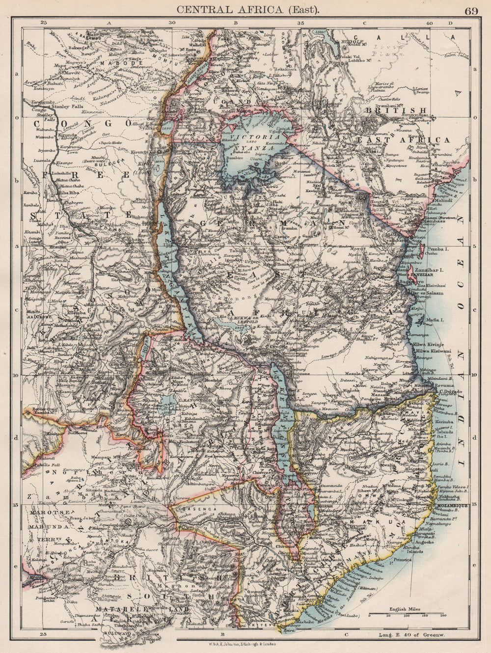COLONIAL EAST AFRICA. German/British/Portuguese East Africa. Tanzania 1897 map