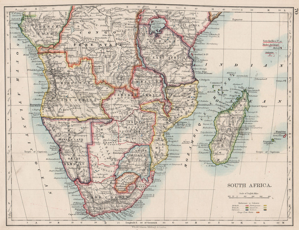 COLONIAL SOUTHERN AFRICA. German/British/Portuguese/French. JOHNSTON 1897 map