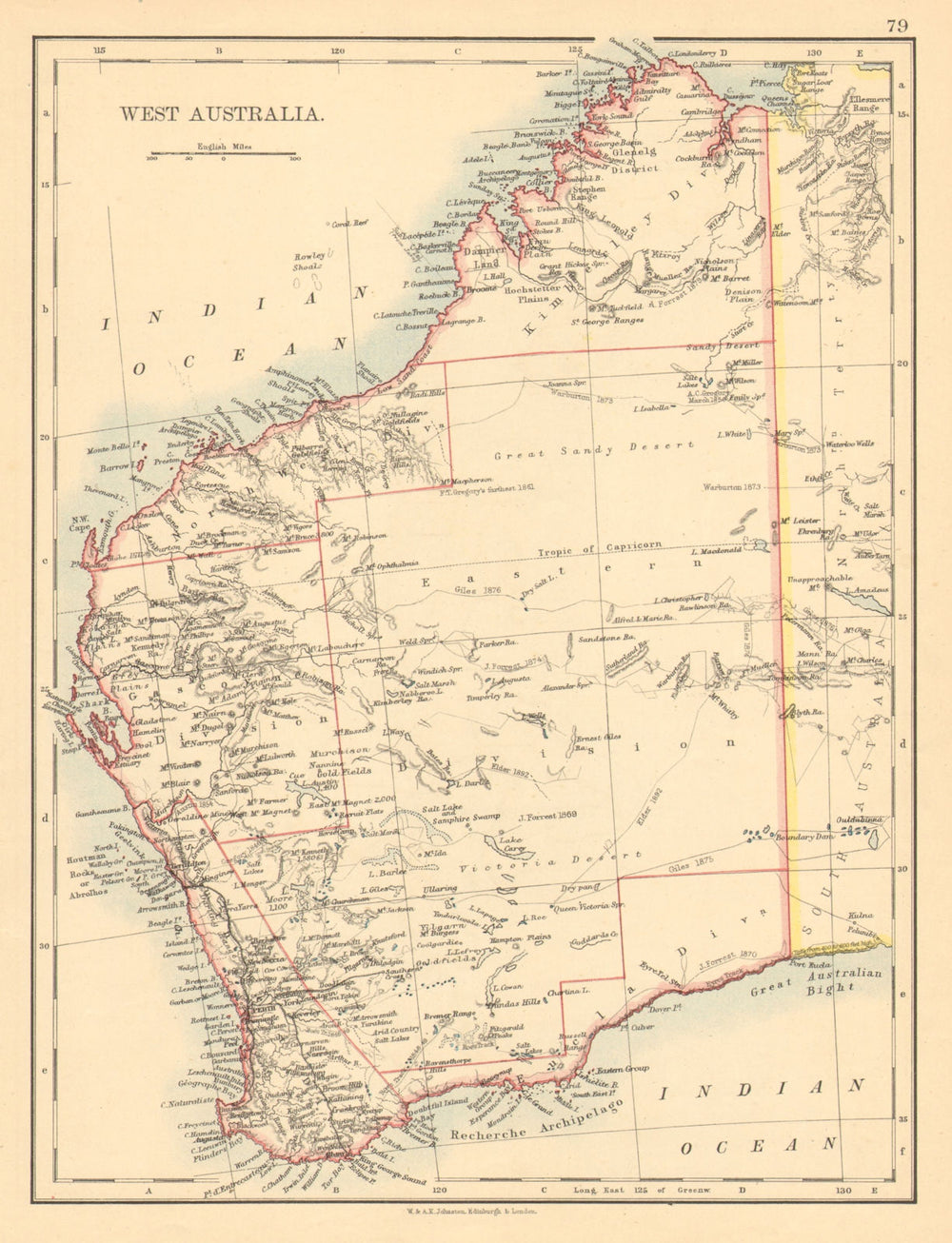WEST AUSTRALIA.Goldfields Explorers route Giles Forrest Warburton Roe 1897 map