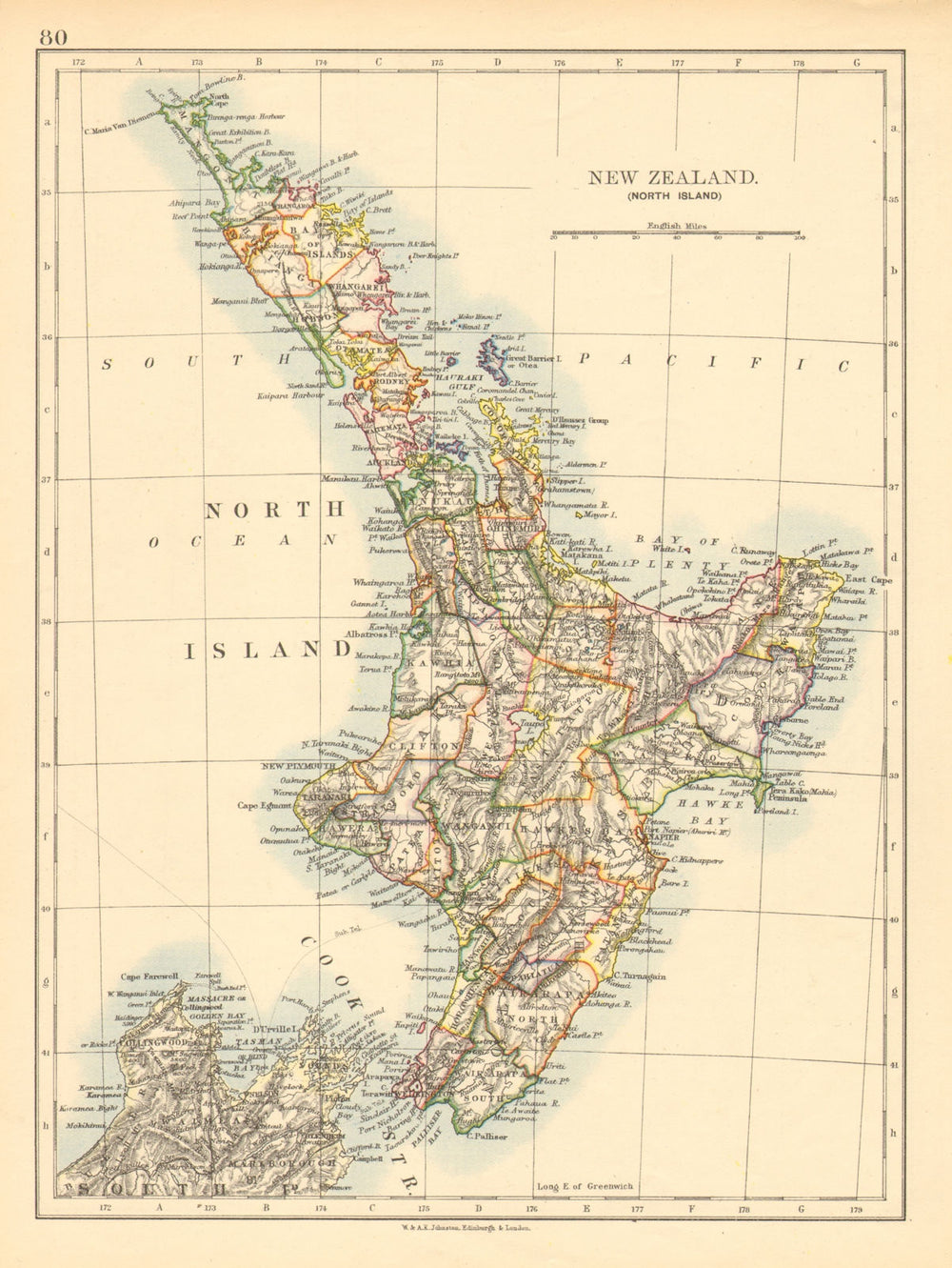 NORTH ISLAND NEW ZEALAND. Showing counties telegraph cables. JOHNSTON 1897 map