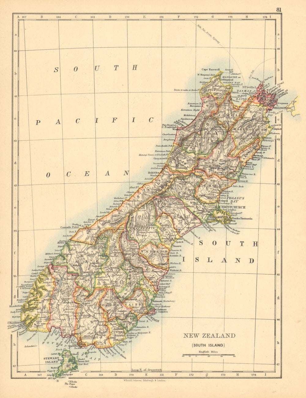 SOUTH ISLAND NEW ZEALAND. Showing counties.Telegraph cables. JOHNSTON 1897 map