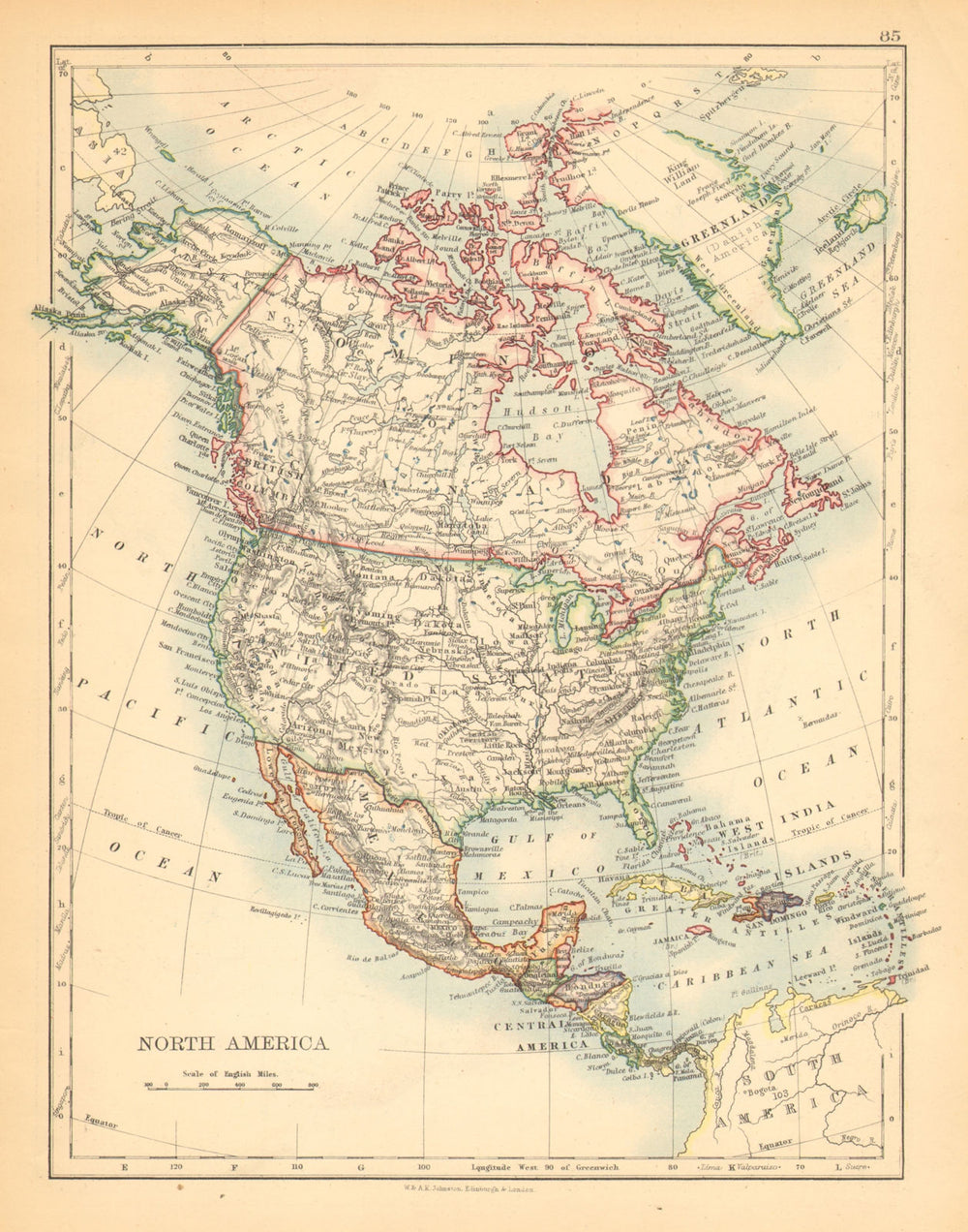NORTH AMERICA POLITICAL. Greenland "Danish America" USA Canada Mexico 1897 map
