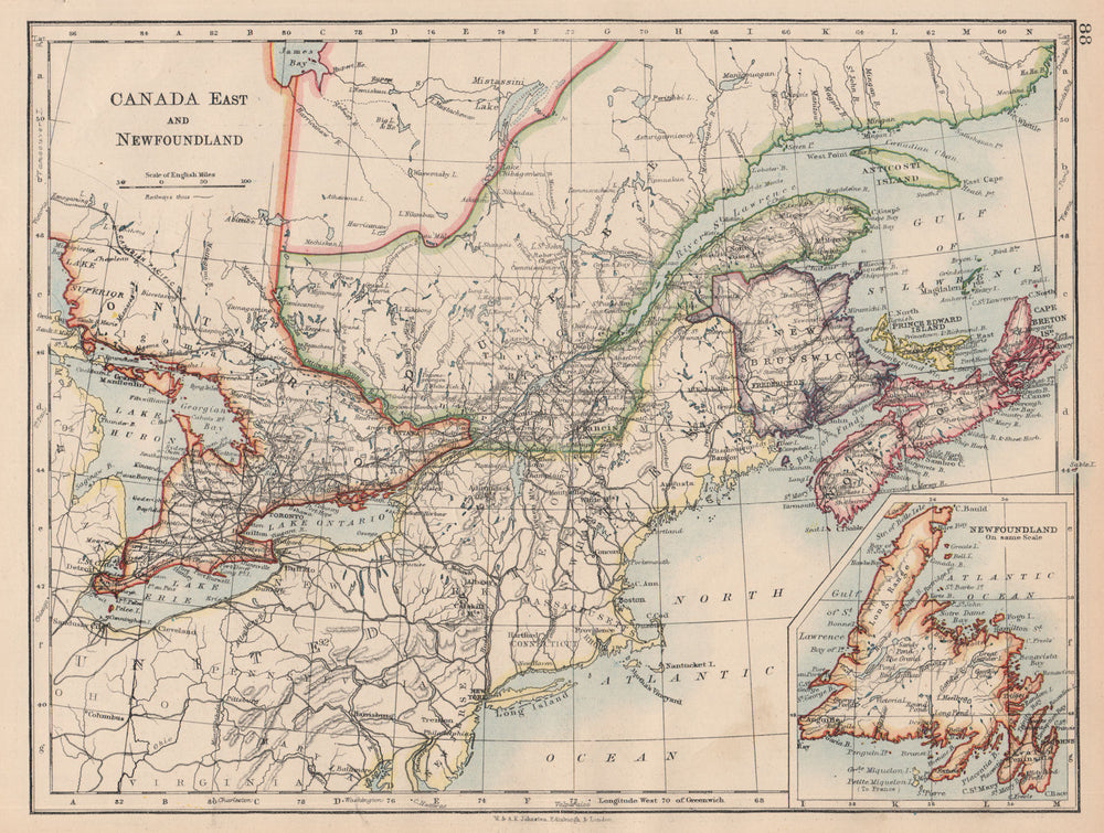 EASTERN CANADA. Ontario Quebec Maritime Provinces NB PE NS. JOHNSTON 1897 map