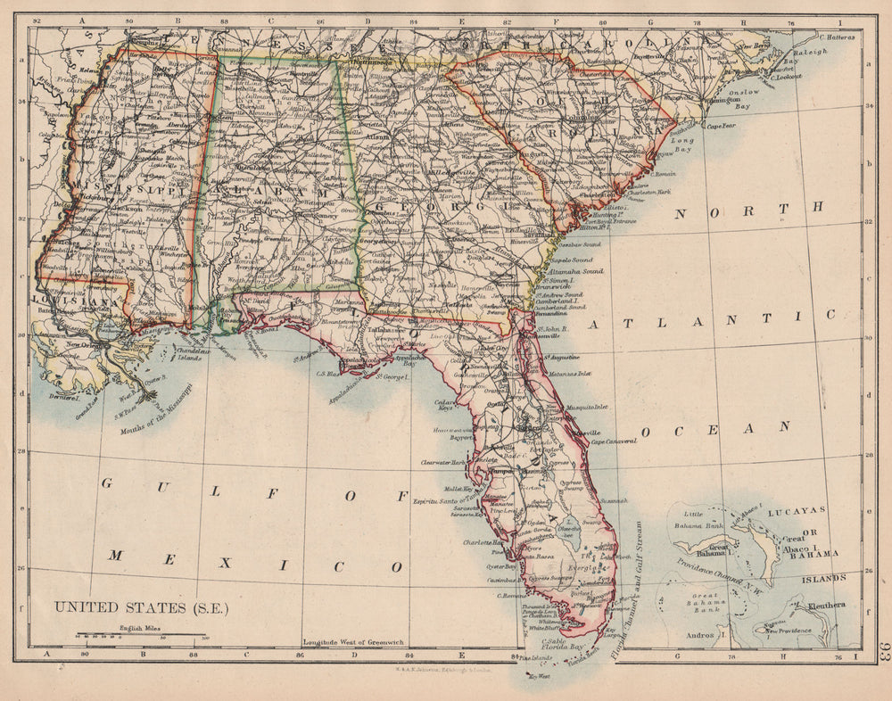 USA DEEP SOUTH.Florida South Carolina Georgia Alabama Mississippi USA 1897 map