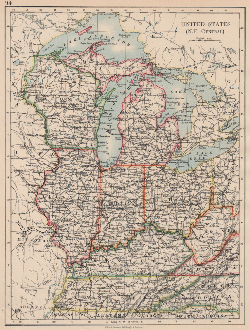 USA MID WEST. Wisconsin Michigan Illinois Ohio Indiana Kentucky TN 1897 map