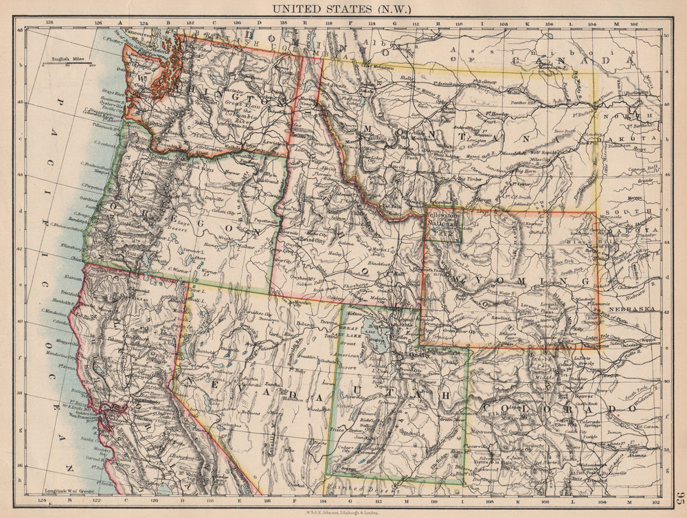 USA NORTH WEST. Washington Oregon ID MT WY Utah Nevada CA.JOHNSTON 1897 map