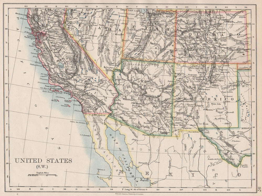 USA SOUTH WEST. California Arizona NM Colorado Utah Nevada. JOHNSTON 1897 map