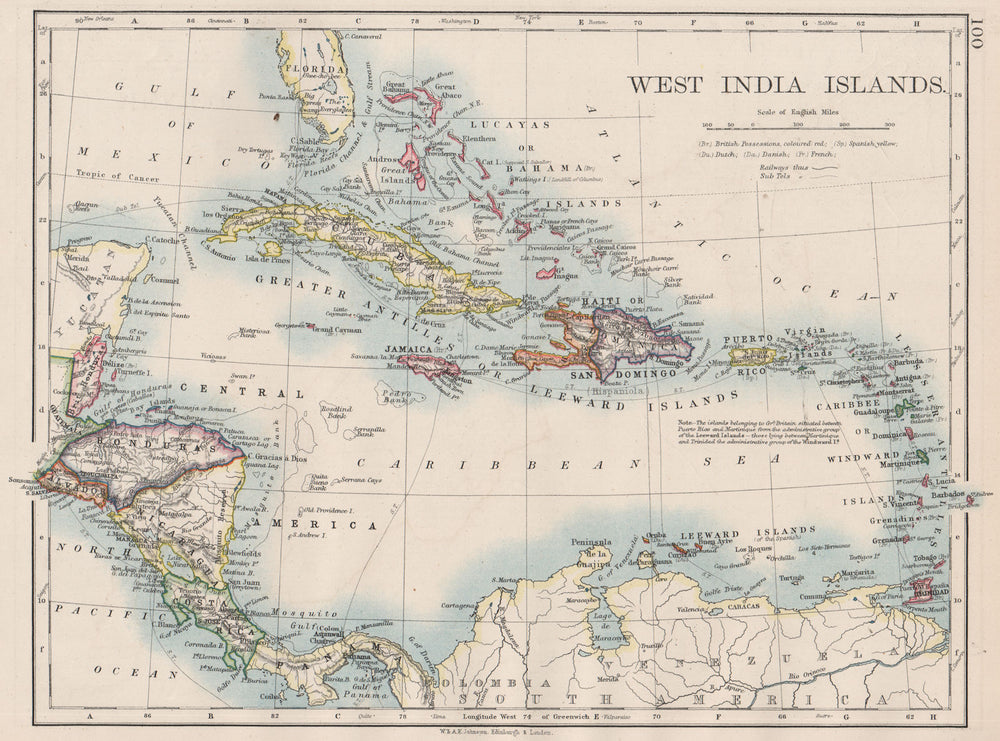 WEST INDIA ISLANDS. Caribbean Lucayas Caribbee Cuba. JOHNSTON 1897 old map