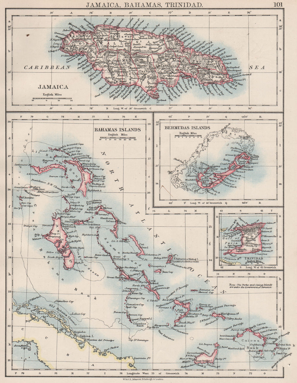 CARIBBEAN/ATLANTIC ISLANDS.Jamaica Bermuda Bahamas Trinidad. JOHNSTON 1897 map