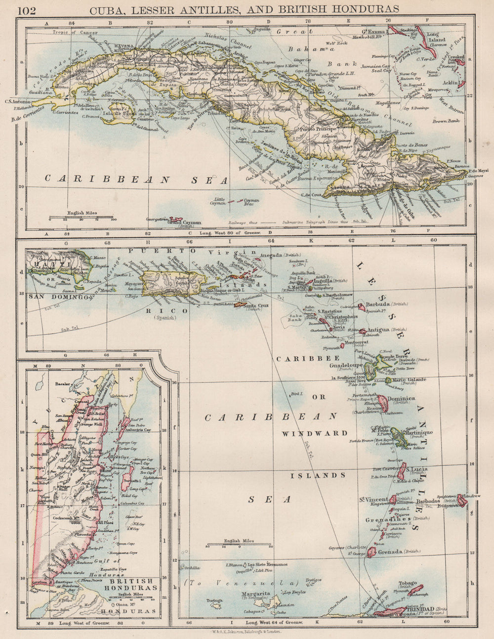 CARIBBEAN ISLANDS.Cuba British Honduras Caribbee/Windward. JOHNSTON 1897 map