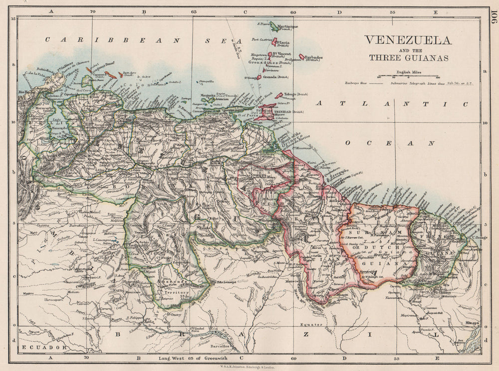 VENEZUELA / GUIANAS. Suriname. British French Dutch Guyana. JOHNSTON 1897 map