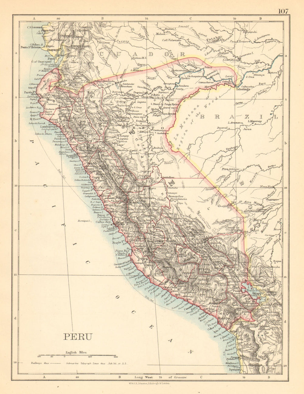 PERU. Border as before Peru-Ecuador war (1941). JOHNSTON 1897 old antique map