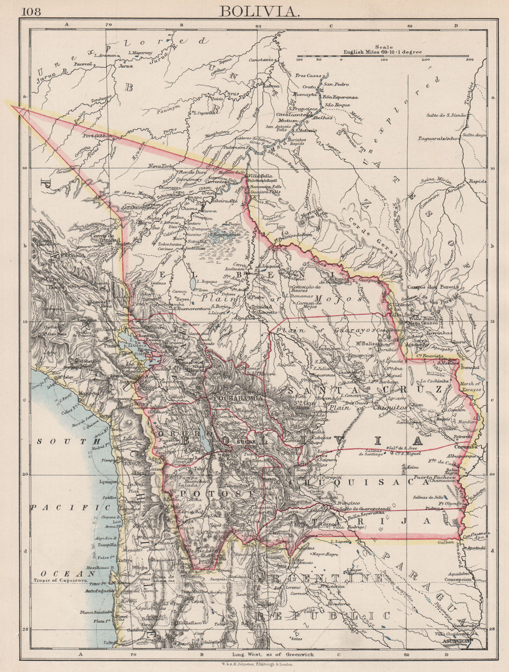 BOLIVIA. includes Acre, lost to Brazil in 1899-1903 war. JOHNSTON 1897 old map