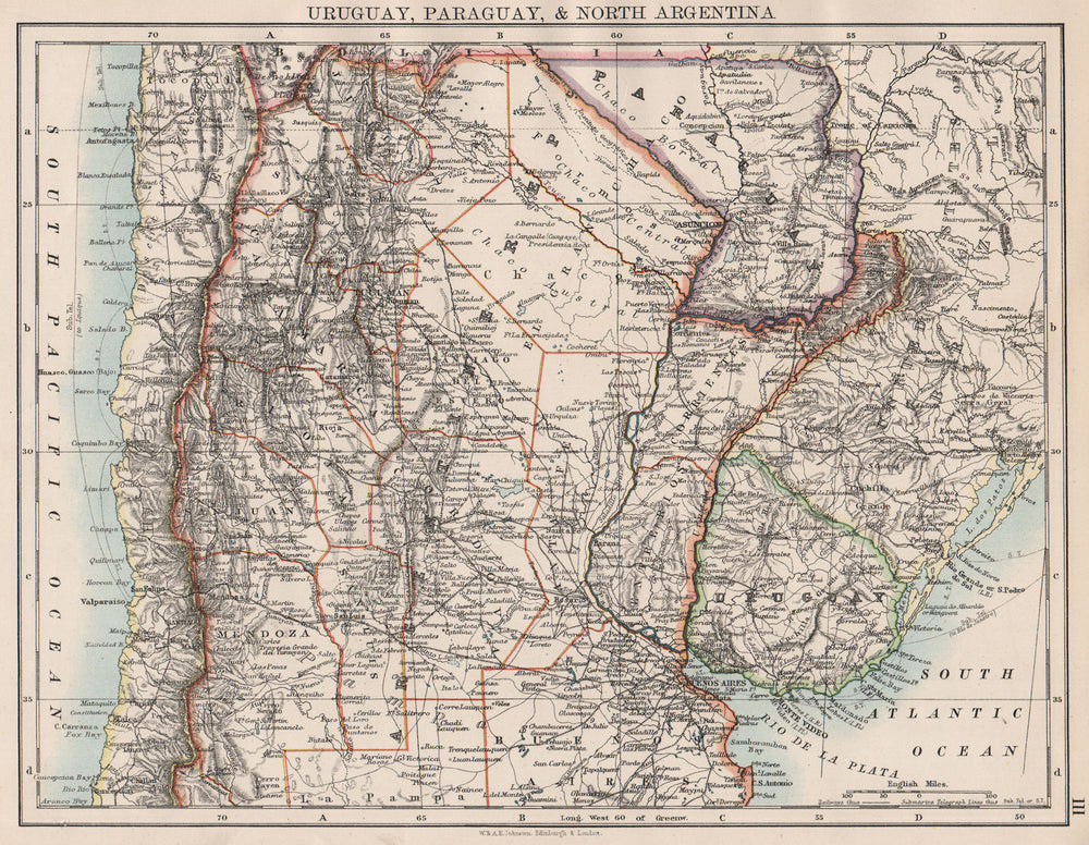 URUGUAY PARAGUAY NORTH ARGENTINA. River Plate States Chile. JOHNSTON 1897 map