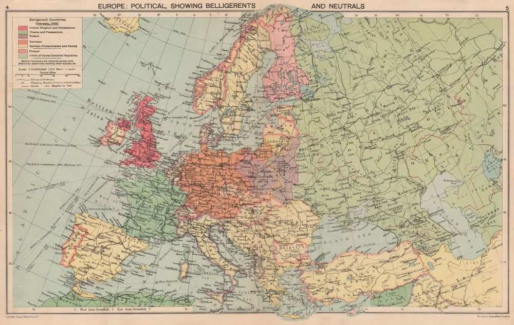 EUROPE 1940. WW2. Belligerents/Neutrals Occupied Poland/Finland Albania 1940 map