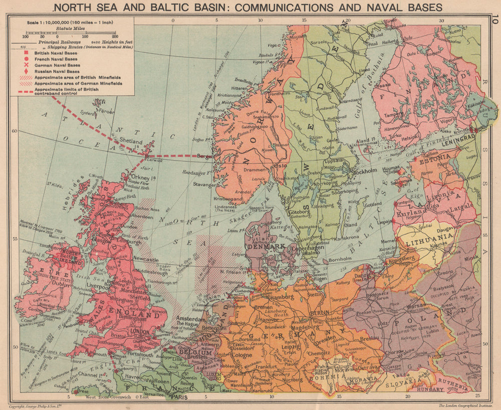 SECOND WORLD WAR. Baltic & North sea. Minefields & Naval Bases. Poland 1940 map