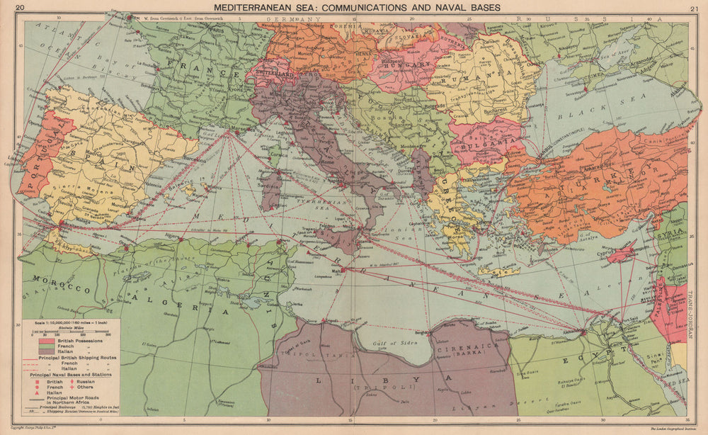 MEDITERRANEAN SEA 1940. WW2 Naval Bases. Italian Dodecanese Albania 1940 map