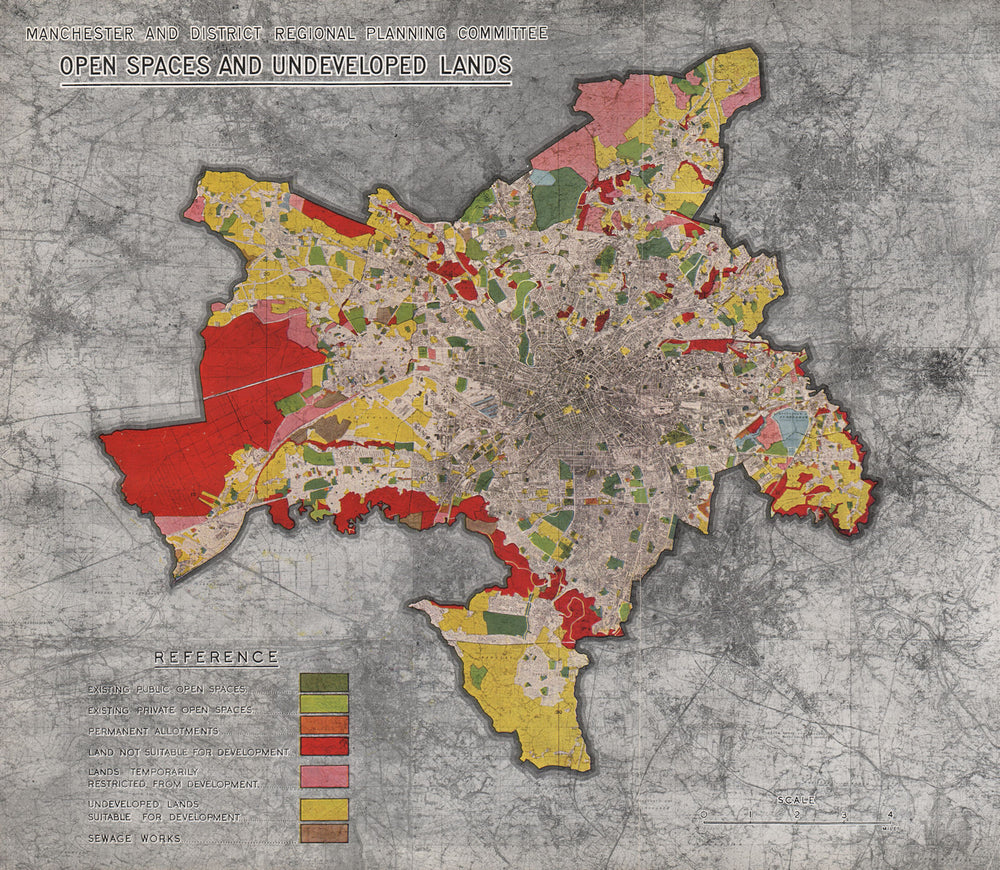 MANCHESTER PLAN 1945. Open Spaces and undeveloped Lands 1945 old vintage map