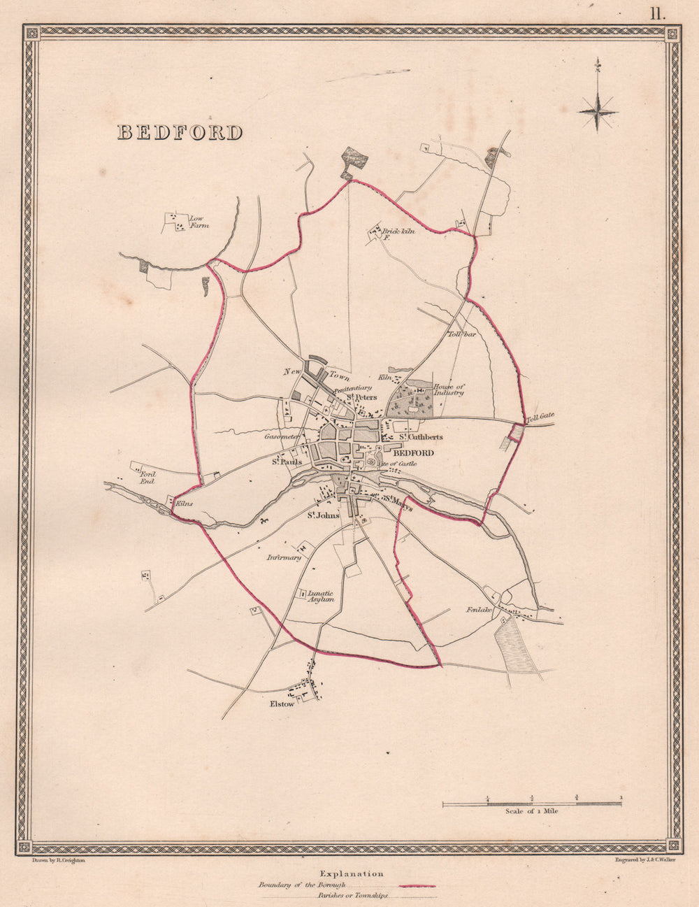 BEDFORD town & borough plan. Bedfordshire. CREIGHTON/WALKER 1835 old map
