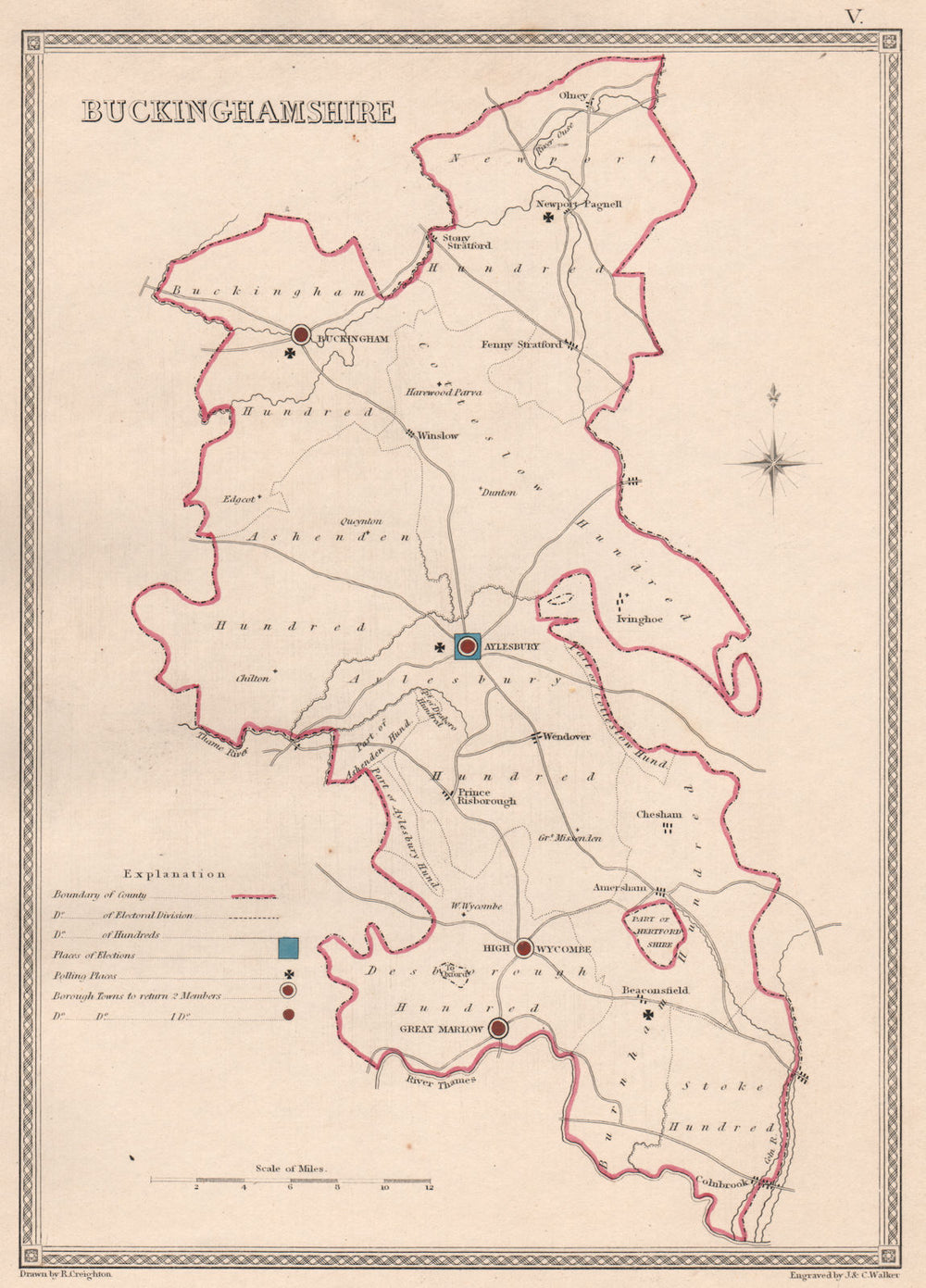 BUCKINGHAMSHIRE antique county map by CREIGHTON/WALKER. Electoral 1835 old