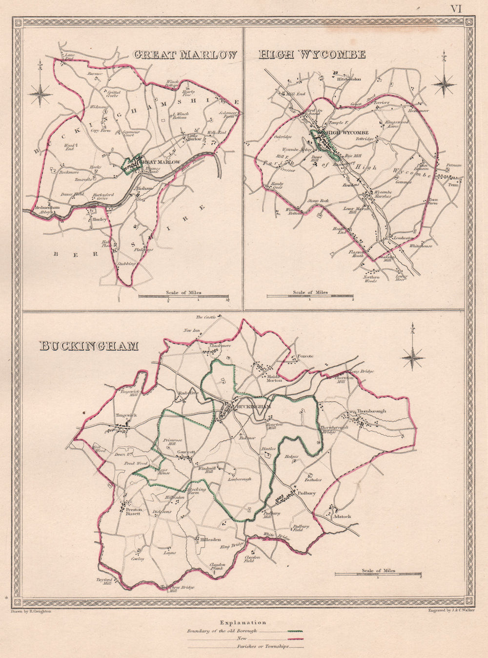 BUCKINGHAMSHIRE TOWNS. Marlow High Wycombe Buckingham.CREIGHTON/WALKER 1835 map