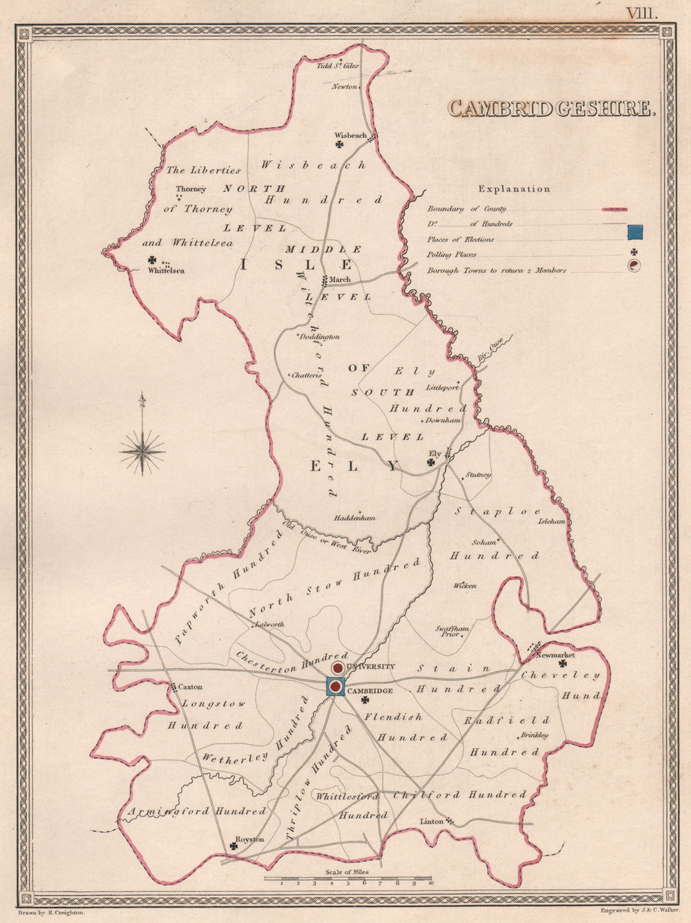 CAMBRIDGESHIRE antique county map by CREIGHTON/WALKER. Electoral 1835 old