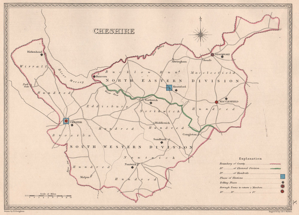 CHESHIRE antique county map by CREIGHTON/WALKER. Electoral 1835 old