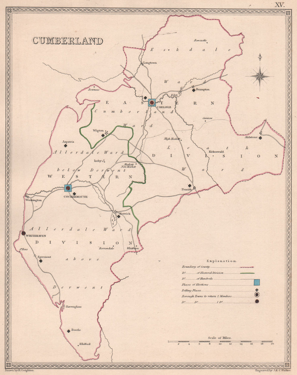 CUMBERLAND antique county map by CREIGHTON/WALKER. Cumbria. Electoral 1835