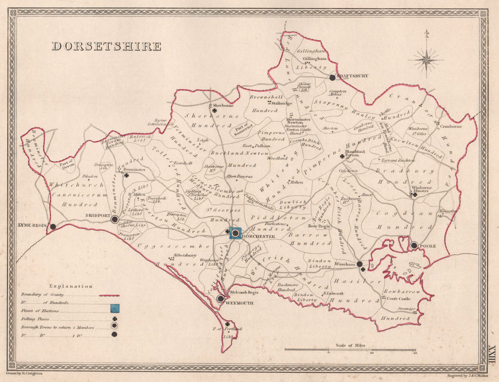 DORSETSHIRE antique county map by CREIGHTON/WALKER. Electoral 1835 old
