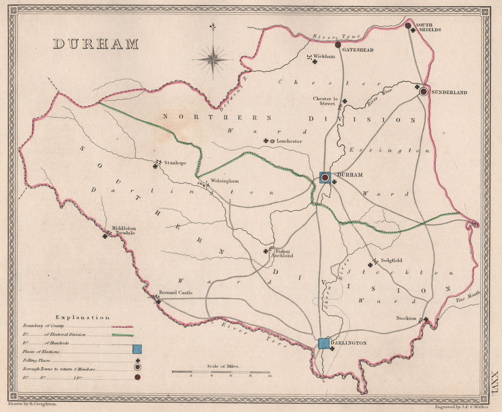 COUNTY DURHAM antique county map by CREIGHTON/WALKER. Electoral 1835 old