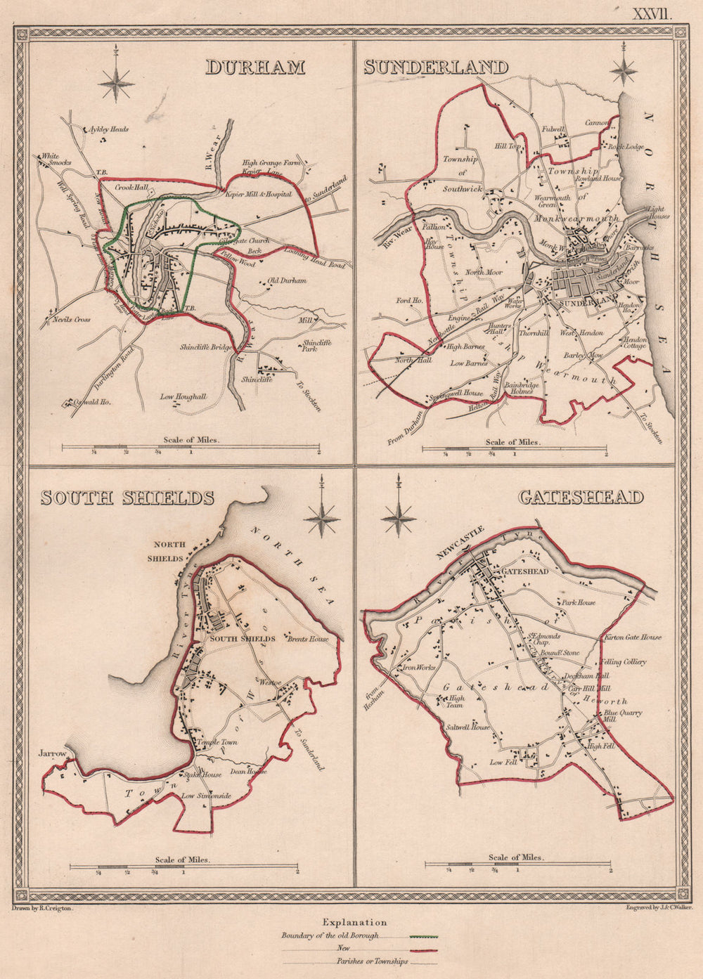 DURHAM TOWNS. Durham Sunderland South Shields Gateshead. CREIGHTON 1835 map